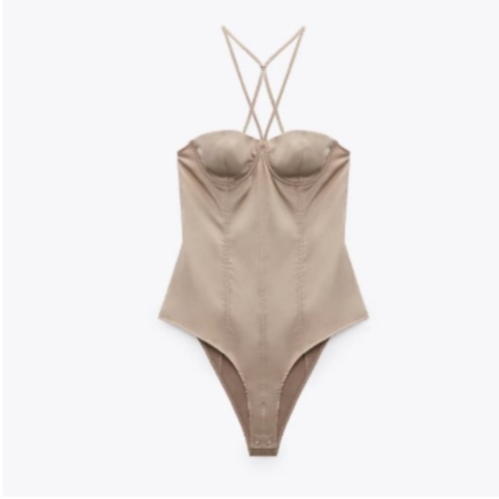 Zara Satin Effect Bustier Corset Bodysuit Beige Sweetheart champagne NWT - Picture 1 of 3